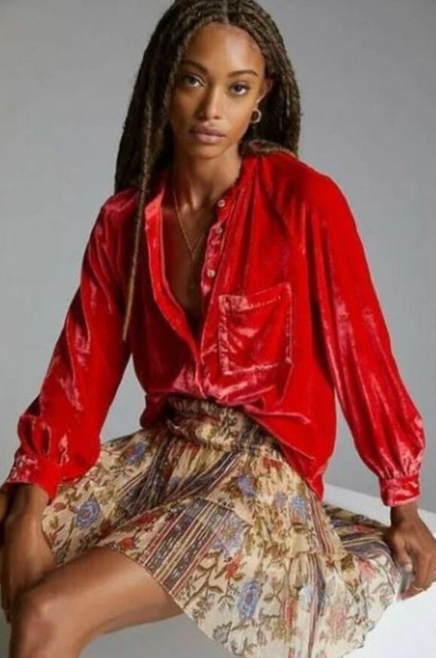 Anthropologie Pilcro Puff-Sleeved Red Velvet Button-down Blouse